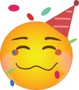 Happy drunk emoji at party. Partying yellow drunk face emoticon with a crumpled mouth, blushing cheeks, wearing a party hat and