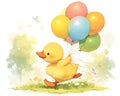 A happy duckling carrying balloons in its beak Royalty Free Stock Photo