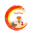 Happy Durga Puja celebration greeting card design with female hand holding dhunuchi dhoop and brush stroke.