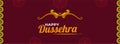 Happy Dussehra Celebration Banner Or Header Design With Archer Bow On Red Mandala Border