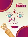 Happy dussehra celebration card with goddess face and arrows bag