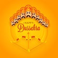 Happy Dussehra Celebration Concept With Archer Bow And Ten Head Of Demon King Ravana On Orange