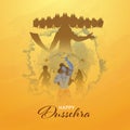 Happy Dussehra Celebration Concept With Battle Between Lord Rama And Demon Ravana, Silhouette Hanuman, Lakshmana Against