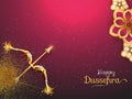 Happy Dussehra Celebration Concept With Golden Archer Bow, Arrow And Flowers On Gradient Pink Lights Effect