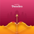 Happy Dussehra Celebration Poster Design With Golden Bow, Arrow On Yellow And Pink Silhouette Ayodhya View Or Temple