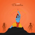 Happy Dussehra Celebration Poster Design With Hindu Mythology Lord Rama Taking An Aim, Silhouette Lakshmana, Hanuman On Black And