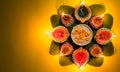 Happy Dussehra. Clay Diya lamps lit during Dussehra with yellow flowers, green leaf and rice. Dussehra Indian Festival concept