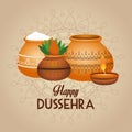 Happy dussehra festival lettering poster with ceramic jars and candle