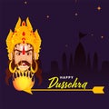 Happy Dussehra Font With Flaming Arrow And Demon Ravana On Purple Silhouette Temple Or Ayodhya Royalty Free Stock Photo