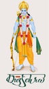 Happy dussehra hindu festival. Lord Rama holding bow and arrow