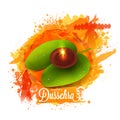 Happy Dussehra Lettering With Burning Oil Lamp Diya Over Betel Leaf And Orange Brush Splash On White