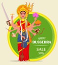 Happy Dussehra vector illustration for sale, shopping. Maa Durga on abstract green background Royalty Free Stock Photo