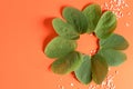 Happy Dussehra. Yellow flowers, green leaf and rice on orange background. Dussehra Indian Festival concept