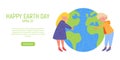 Happy Earth Day Banner. Little cute boy and girl are hugging planet. World environment day background. Save the earth Royalty Free Stock Photo