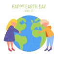 Happy Earth Day Banner. Little cute boy and girl are hugging planet. World environment day background. Save the earth Royalty Free Stock Photo