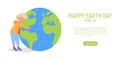 Happy Earth Day Banner. Little cute boy is hugging planet. World environment day background. Save the earth. Green day. Royalty Free Stock Photo