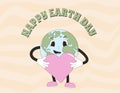 Happy Earth day banner with mascot smiling character. Save the planet retro poster with globe and heart in his hand. Template for Royalty Free Stock Photo