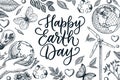 Happy Earth Day banner poster with calligraphy lettering. Vector sketch illustration of nature and ecology symbols Royalty Free Stock Photo