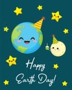 Happy Earth day card with cute planet moon stars