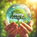 Happy earth day card with green tree in crystal ball held by hands Royalty Free Stock Photo