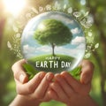 Happy earth day card with green tree in crystal ball held by hands Royalty Free Stock Photo