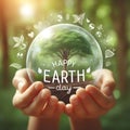 Happy earth day card with green tree in crystal ball held by hands Royalty Free Stock Photo