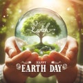Happy earth day card with green tree in crystal ball held by hands Royalty Free Stock Photo