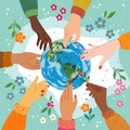 Happy earth day concept with the hands of people of different nationalities reaching out to the earth. Colored vector