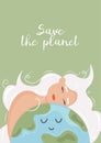 Happy Earth Day. Cute smiling girl hugging planet. Concept of environmental protection and nature care. Design for greeting card