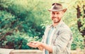 Happy earth day. Eco living. Eco farm worker. Earth day. muscular ranch man in cowboy hat care plants. farming and Royalty Free Stock Photo