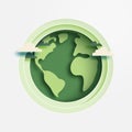 Happy earth day. Ecology and Environment concept. Green Globe map in the circle frame on white background. Paper art vector Royalty Free Stock Photo