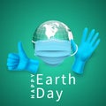 Happy Earth Day. Earth globe in medical face mask and medical latex glove. Vector Illustration Royalty Free Stock Photo