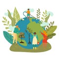 Happy earth day, green planet enviroment, people planting trees, cleaning globe ecology flat isolated vector Royalty Free Stock Photo