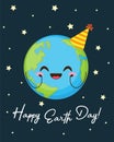 Happy Earth day greeting card with planet in birthday hat