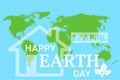 Happy Earth Day greeting card. Vector illustration with the house, planet and green tree. Royalty Free Stock Photo