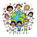Happy Earth Day - Hand-drawn Vector Cartoon banner with multi-ethnic kids