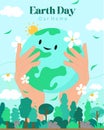 Happy earth day, Hands holding cute earth for prints, flyers, covers, banners design. Eco concepts. Vector illustration Royalty Free Stock Photo