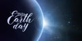 Happy Earth Day lettering on abstract vector blue background with planet and eclipse of sun. Royalty Free Stock Photo