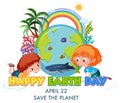 Happy Earth Day logo design with two children cartoon character