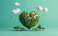 Happy Earth day poster with a big levitating heart shaped object, clouds and trees in the center. Photorealistic 3d render Royalty Free Stock Photo
