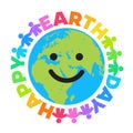 Happy Earth Day poster. Bright greeting text written around smiling cartoon globe. Happy cute funny Earth emoji. Vector Royalty Free Stock Photo