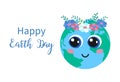 Happy Earth Day poster. Cute planet with flower wreath on head and big eyes. World holiday card, banner. Vector flat illustration Royalty Free Stock Photo