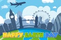 Happy earth day poster design with airplane flying over the city Royalty Free Stock Photo