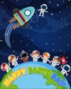 Happy earth day poster design with astronauts on earth Royalty Free Stock Photo