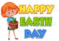 Happy earth day poster design with happy girl and green plant Royalty Free Stock Photo