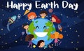 Happy earth day poster design with happy kids in space Royalty Free Stock Photo