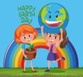 Happy earth day poster design with two girls and happy earth Royalty Free Stock Photo