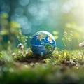 Happy Earth day poster with a globe. Photorealistic sphere in green forest grass and flowers. 3d render illustration. Close up, Royalty Free Stock Photo