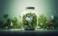 Happy Earth day poster with a photorealistic glowing jar full of green moss, plants, grass and Africa continent. 3d render Royalty Free Stock Photo