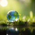 Happy Earth day poster with a transparent glowing marble globe. Photorealistic sphere in green grass. 3d render illustration. Royalty Free Stock Photo